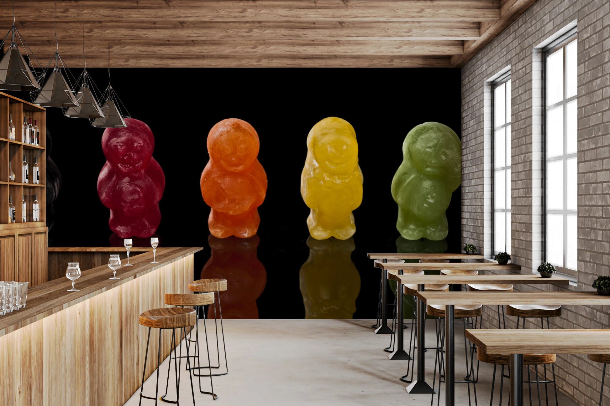 Cafe-style dining space using Jelly Babies Wall Mural with colorful candy lineup, GD8629