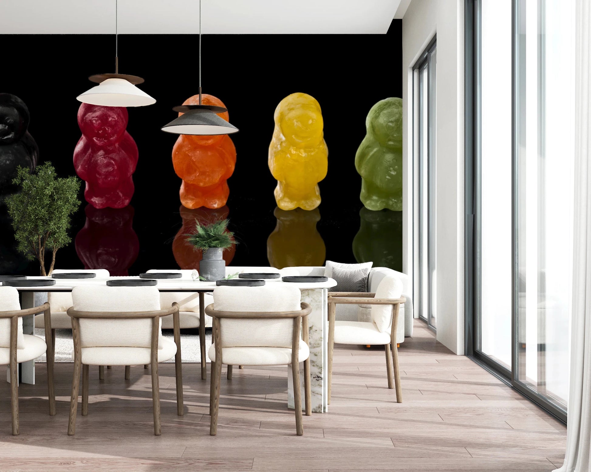 Open dining area featuring Jelly Babies Wall Mural and glossy sweet figures, GD8629