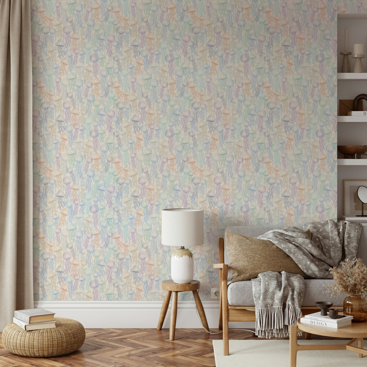 Sea creatures jellyfish doodle wallpaper for rooms

