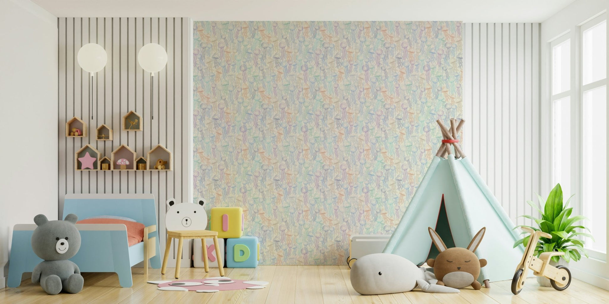 Colorful jellyfish and bubbles wall mural


