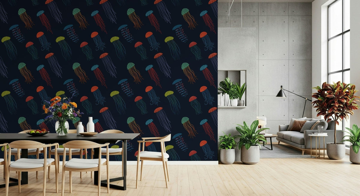 Jellyfish Parade wallpaper in a modern bathroom with marble fixtures., GD7851