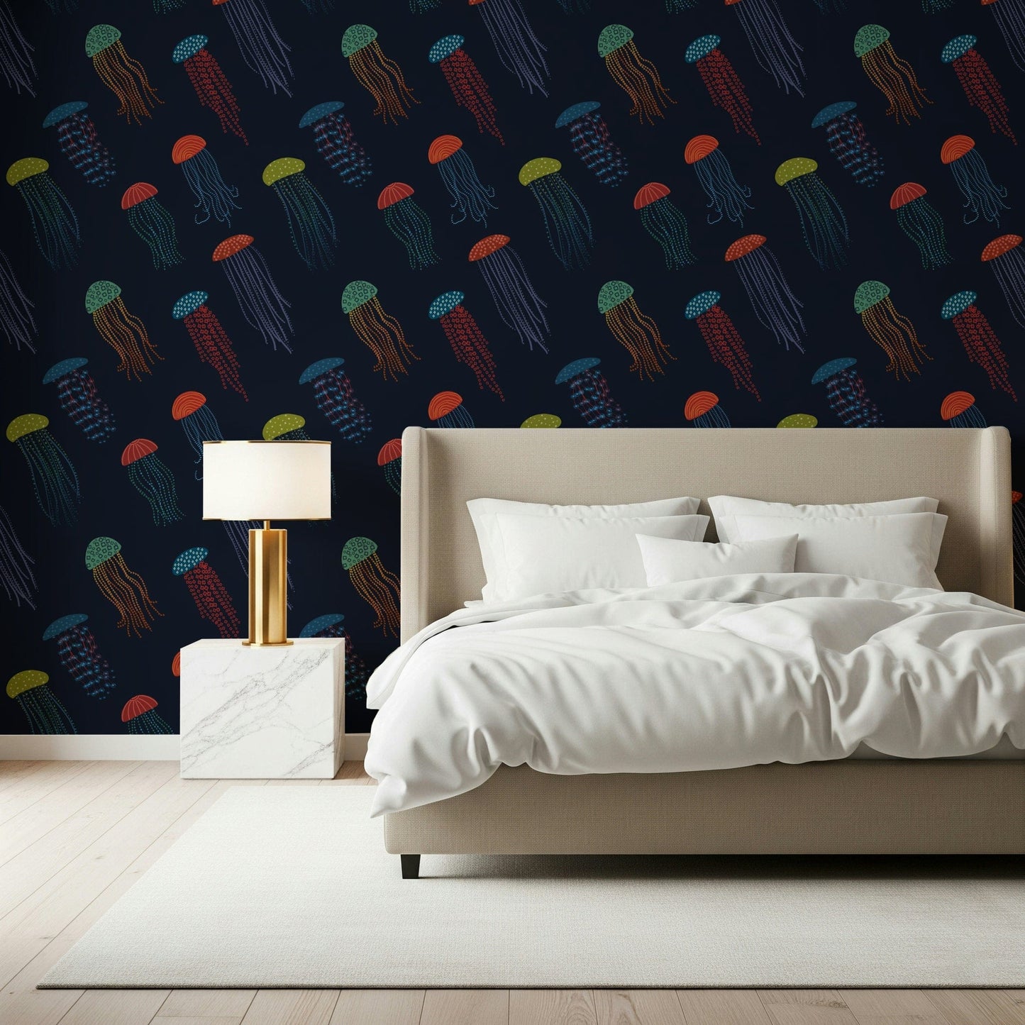 Geometric Forest inspired structure in a Jellyfish Parade wall mural.