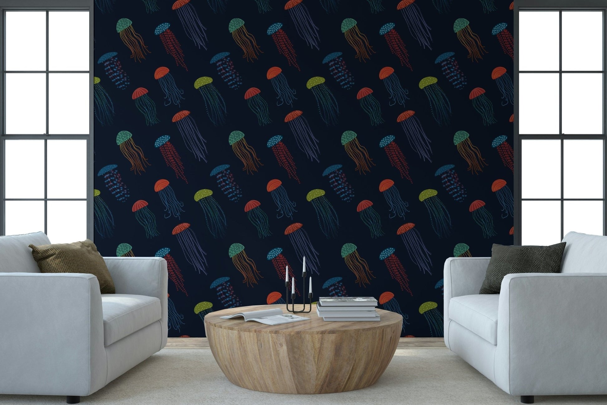 Blue Geometric Forest tones in a Jellyfish Parade wall mural for a lounge.
