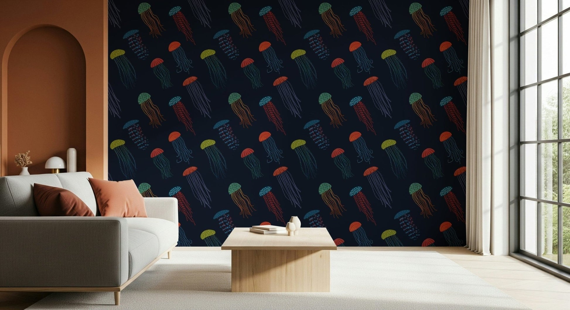 Jellyfish Parade wall mural behind a teal sofa in a stylish living room.