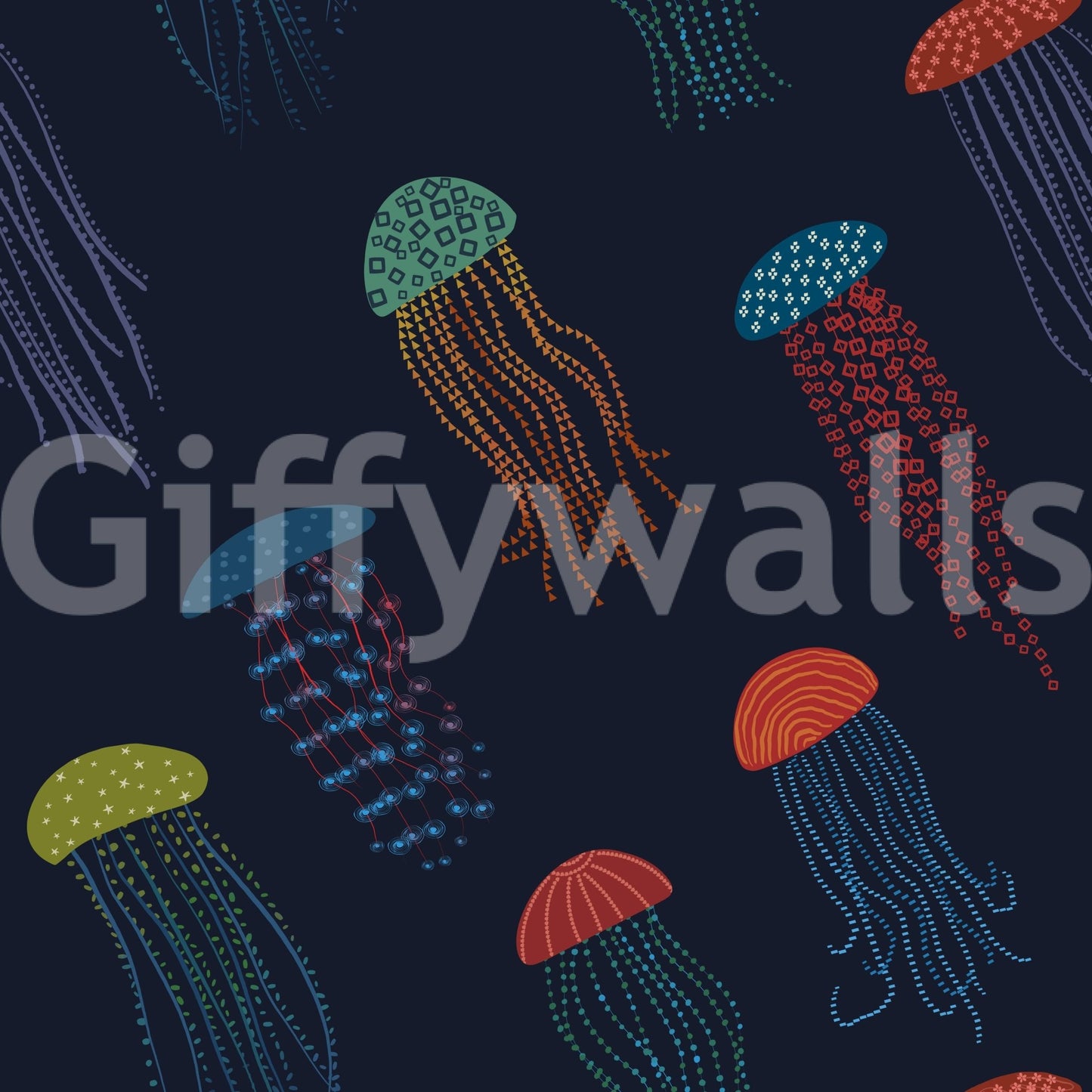 Artistic Harmony wall mural with jellyfish patterns in a modern nursery.