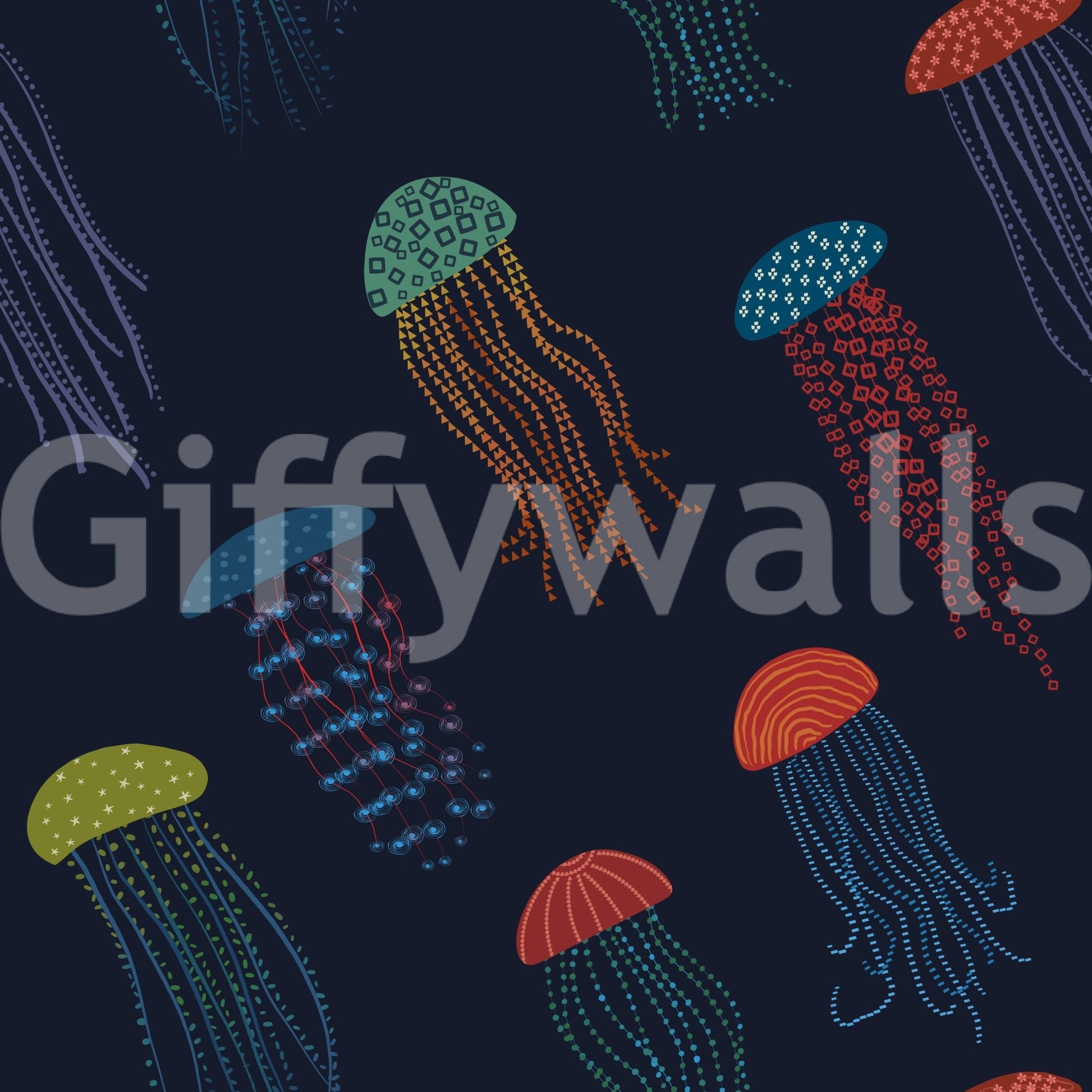Artistic Harmony wall mural with jellyfish patterns in a modern nursery.