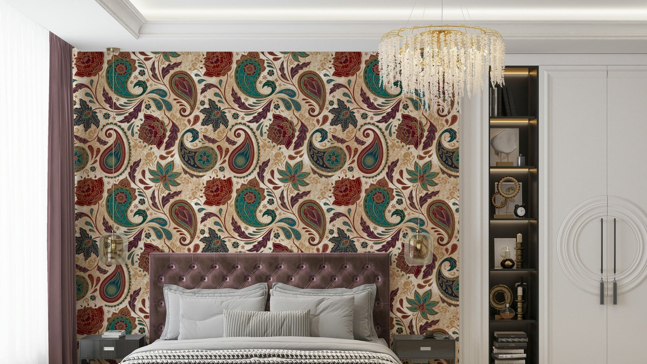 A luxurious wallpaper with an intricate, paisley design.

