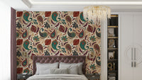 A luxurious wallpaper with an intricate, paisley design.


