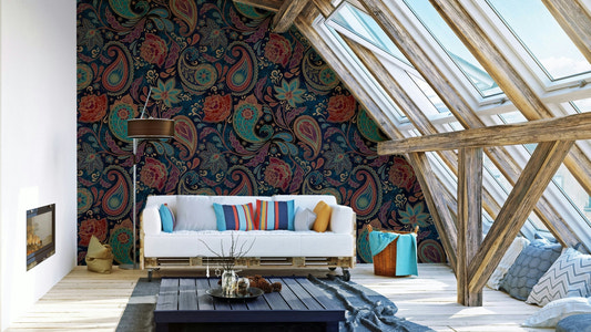 A luxurious wallpaper with an intricate, paisley design.

