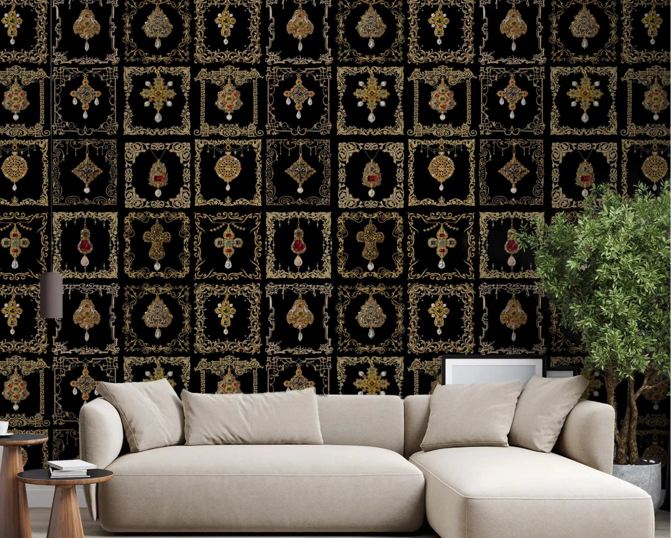 Intricate baroque gold filigree on the Jeweled Baroque Elegance Wall Mural.