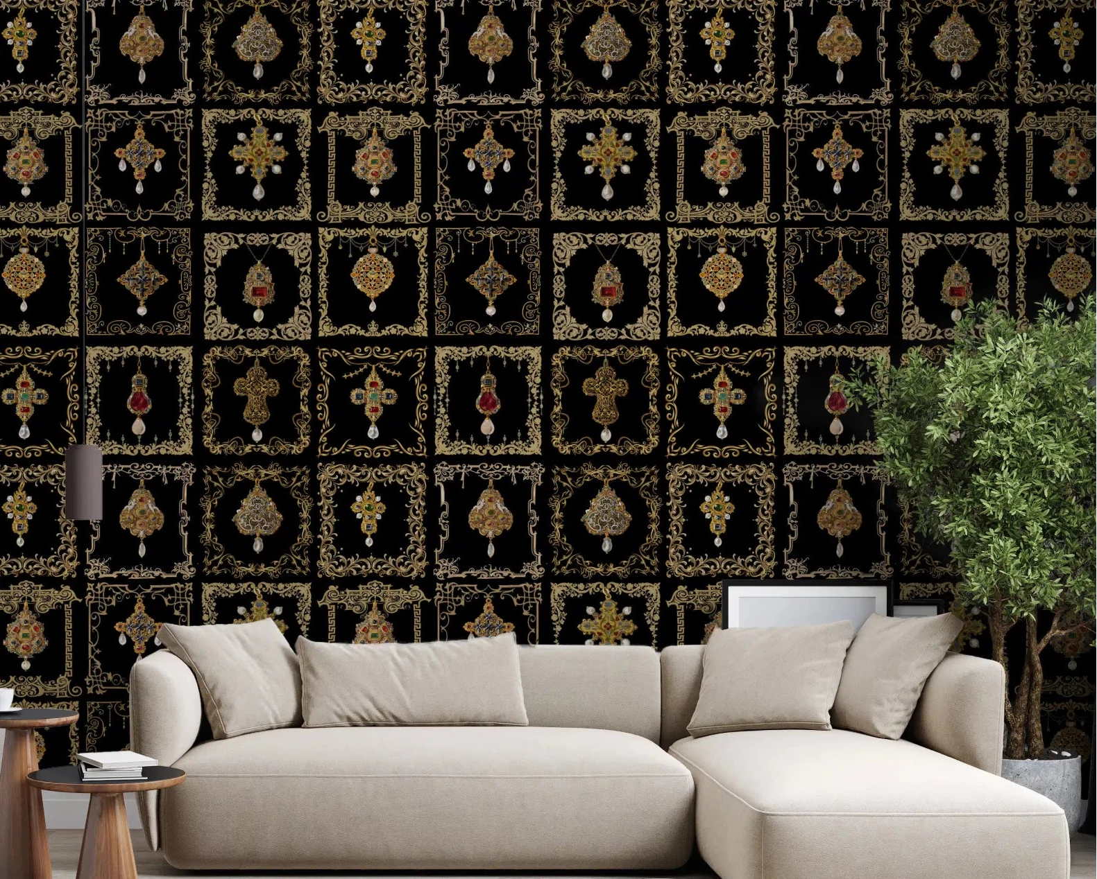 Intricate baroque gold filigree on the Jeweled Baroque Elegance Wall Mural., GD8995