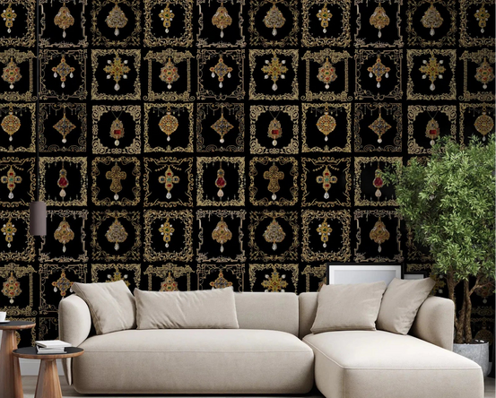 Intricate baroque gold filigree on the Jeweled Baroque Elegance Wall Mural., GD8995