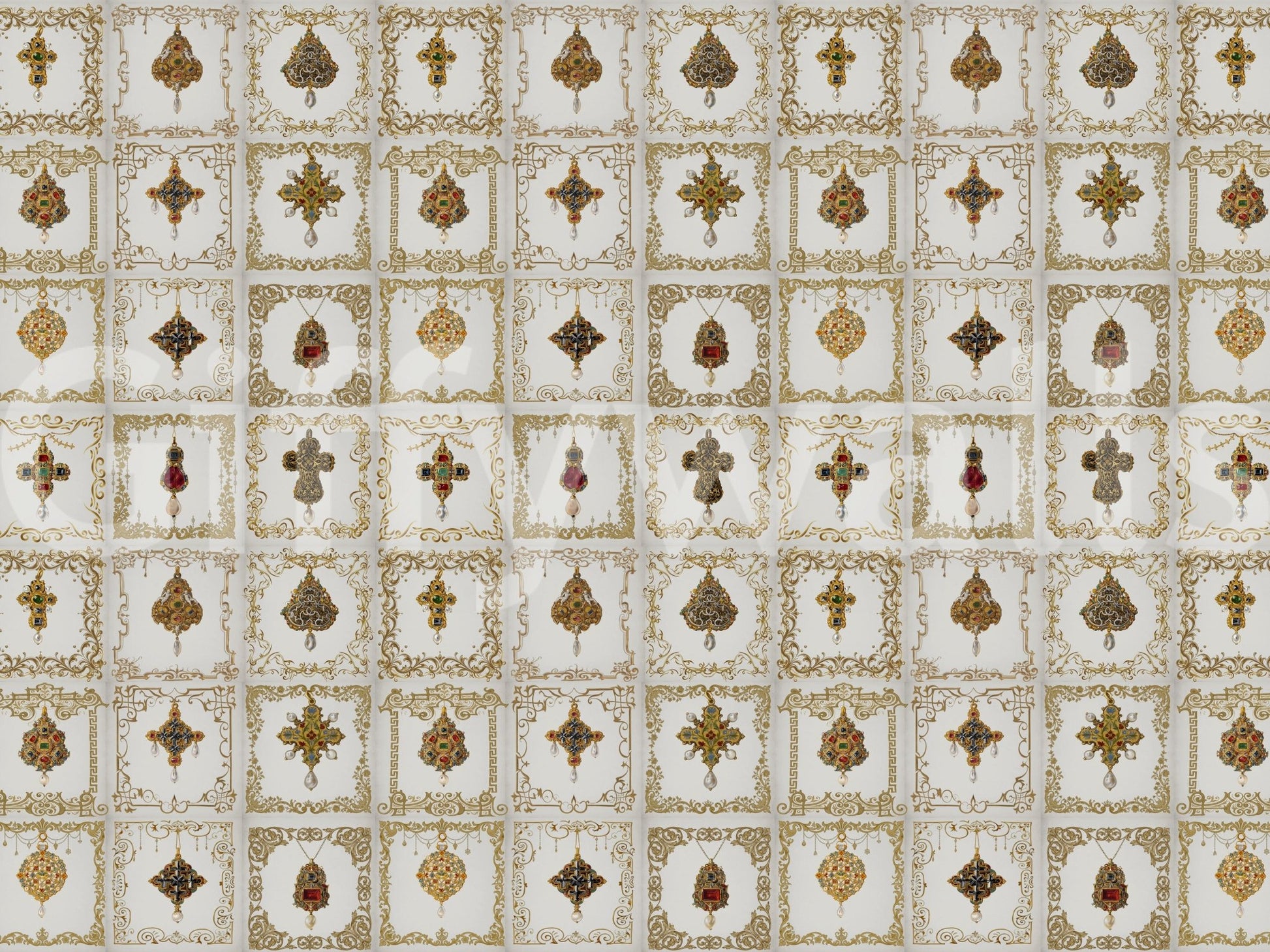 Close up of gemstone relics on the Jeweled Elegance Wall Mural., GD8993
