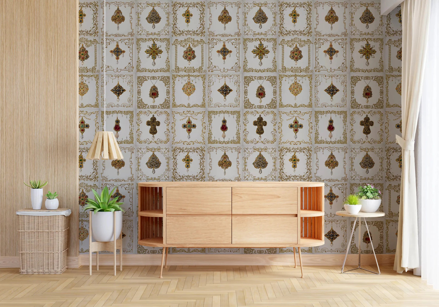 Intricate gold frames on the Jeweled Elegance Pattern Wall Mural., GD8993