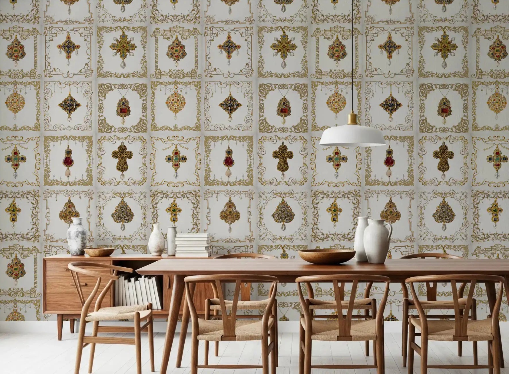 Jeweled Elegance Pattern Wall Mural in a bright dining room space., GD8993