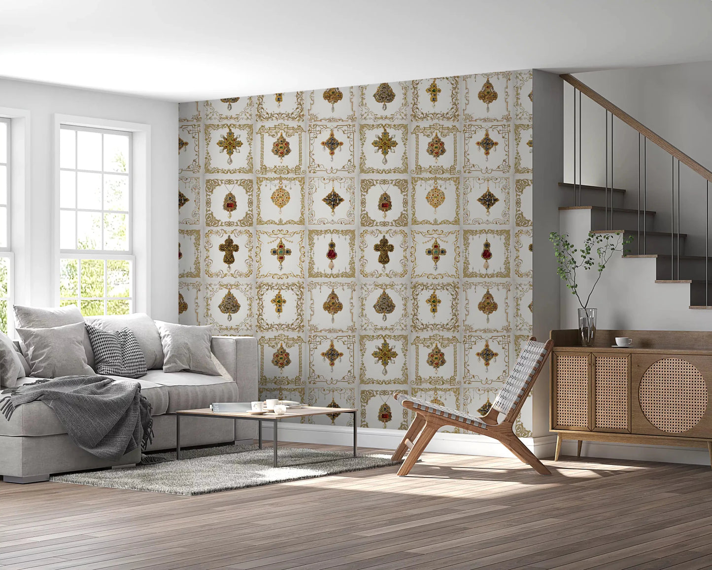 Neutral Jeweled Elegance Wall Mural in a Living room space., GD8993