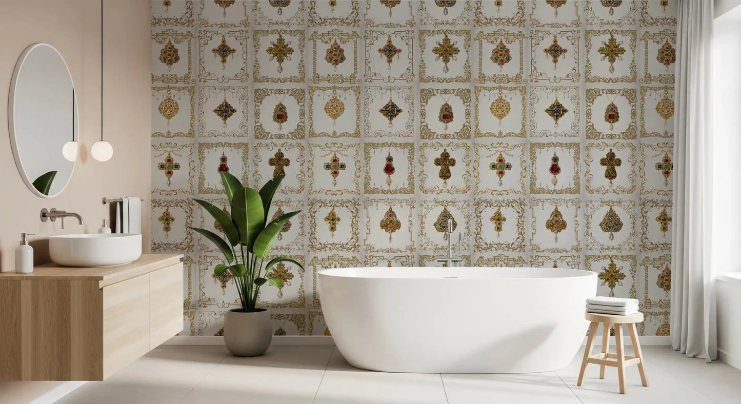 Ruby and pearl motifs on this Jeweled Elegance Wall Mural., GD8993