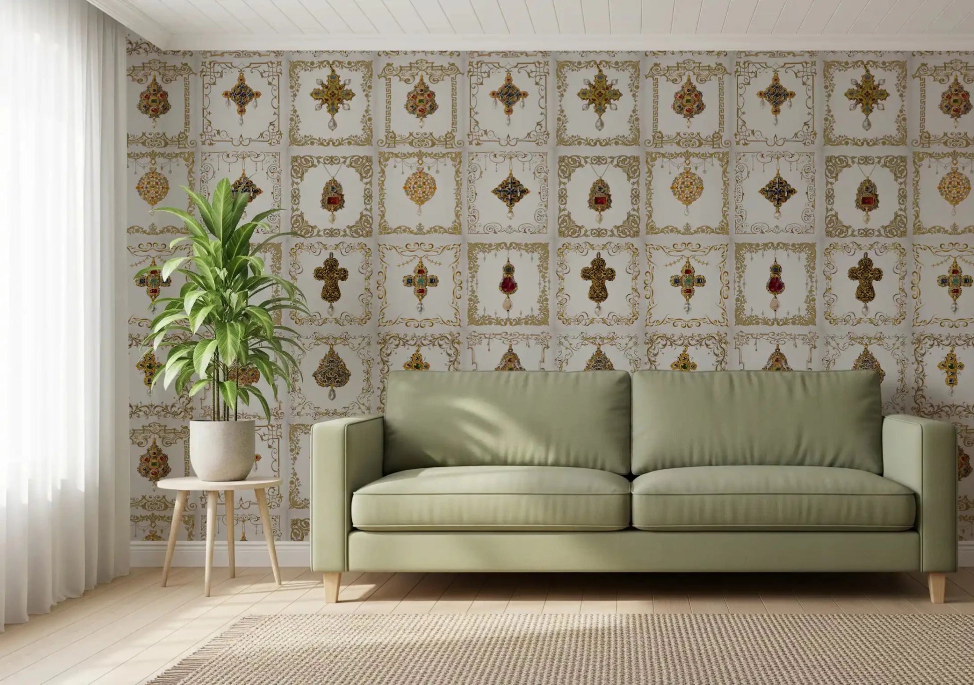Grey and gold filigree on a Jeweled Elegance Pattern Wall Mural., GD8993