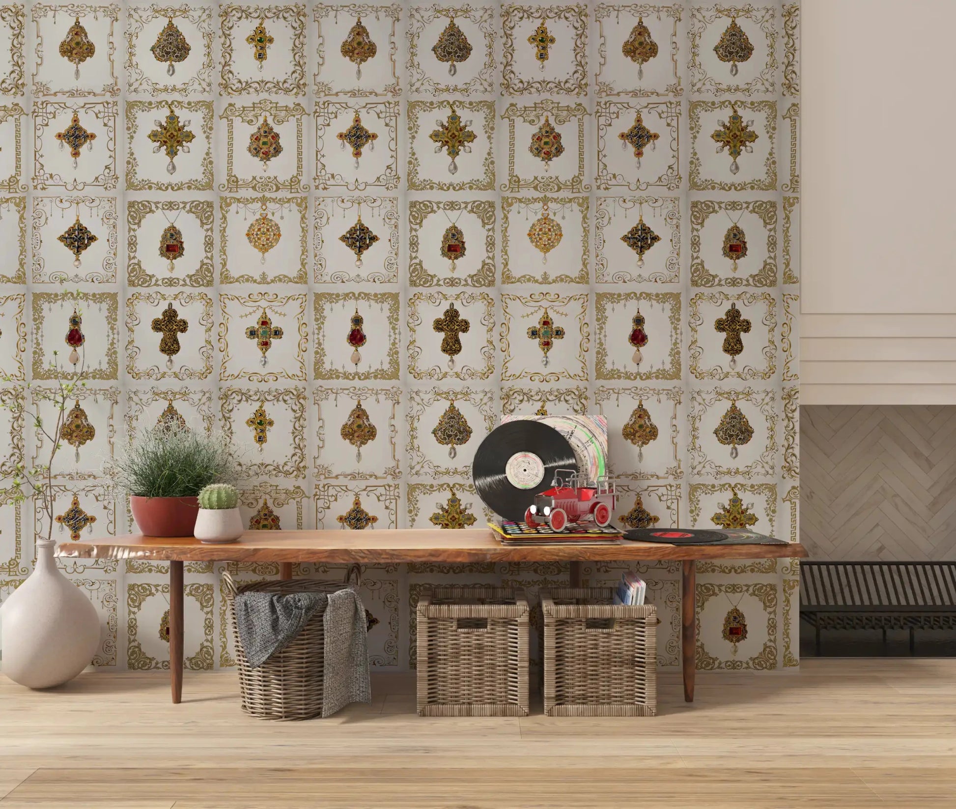 Grey Jeweled Elegance Pattern Wall Mural in a home office room., GD8993