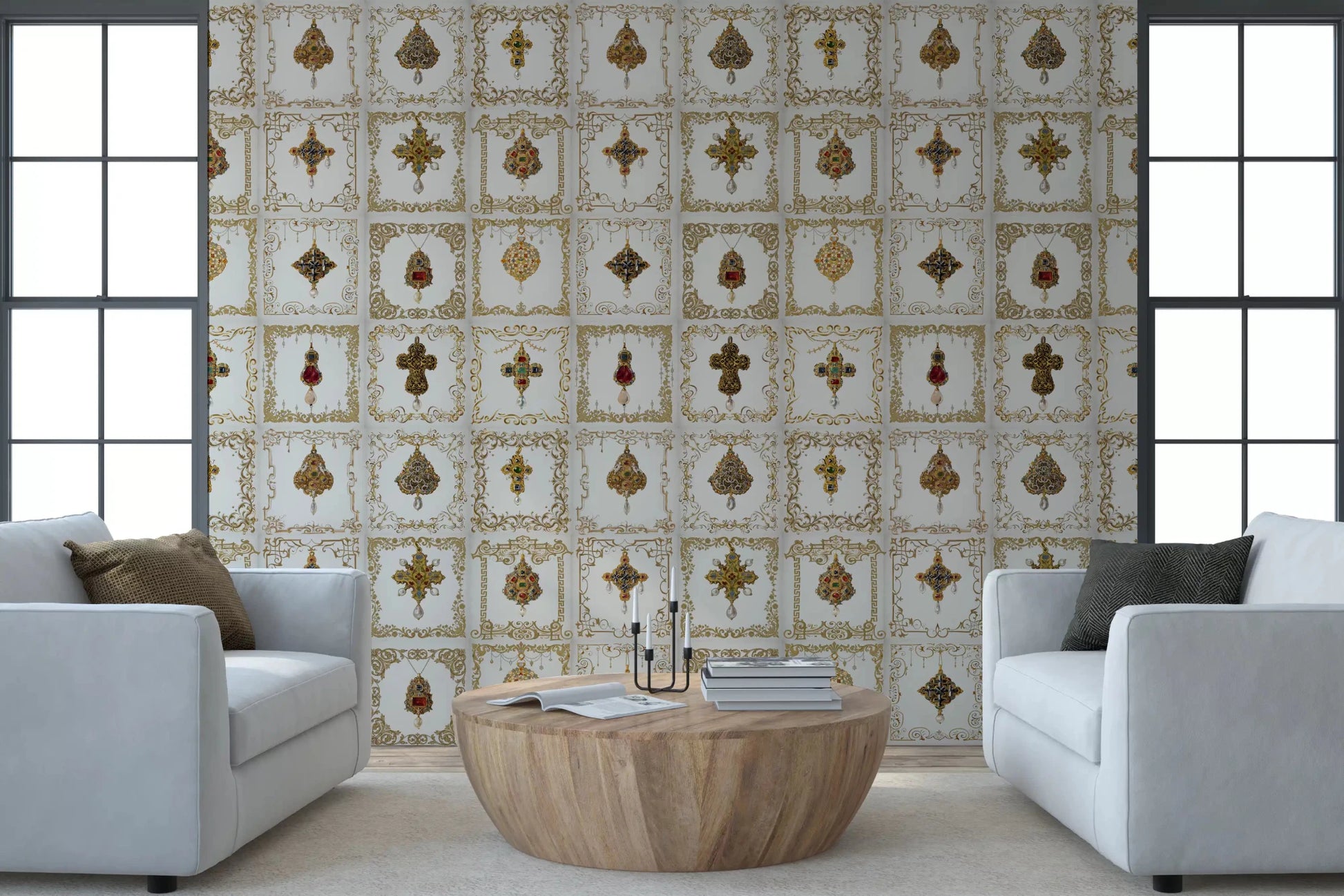 Jeweled Elegance Pattern Wall Mural inside a Living room., GD8993