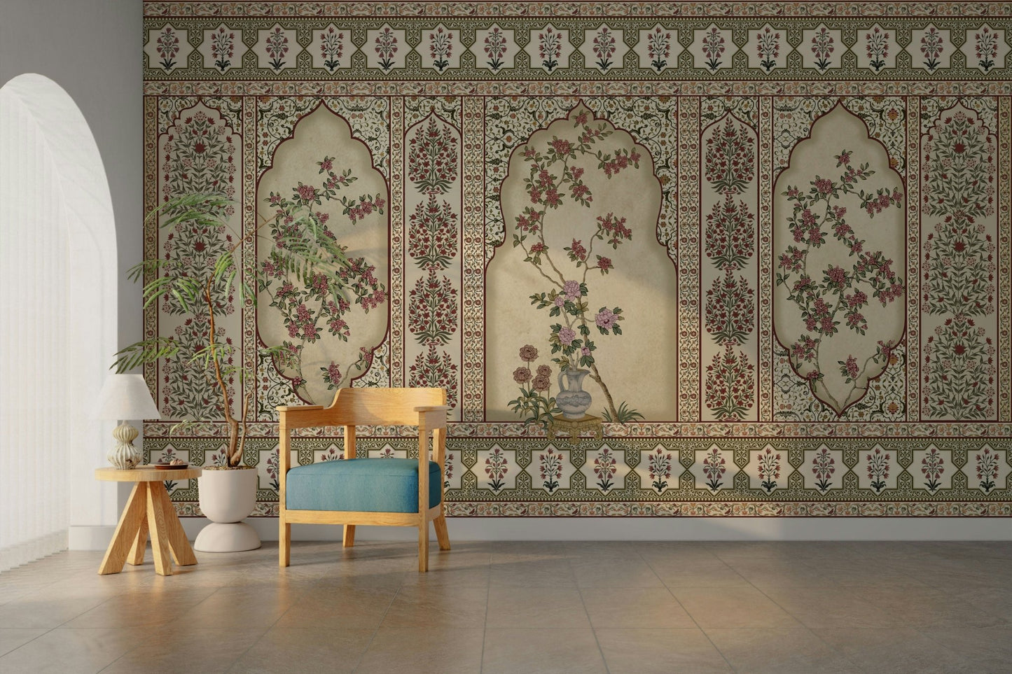 A peaceful wall mural with a classic, architectural design.

