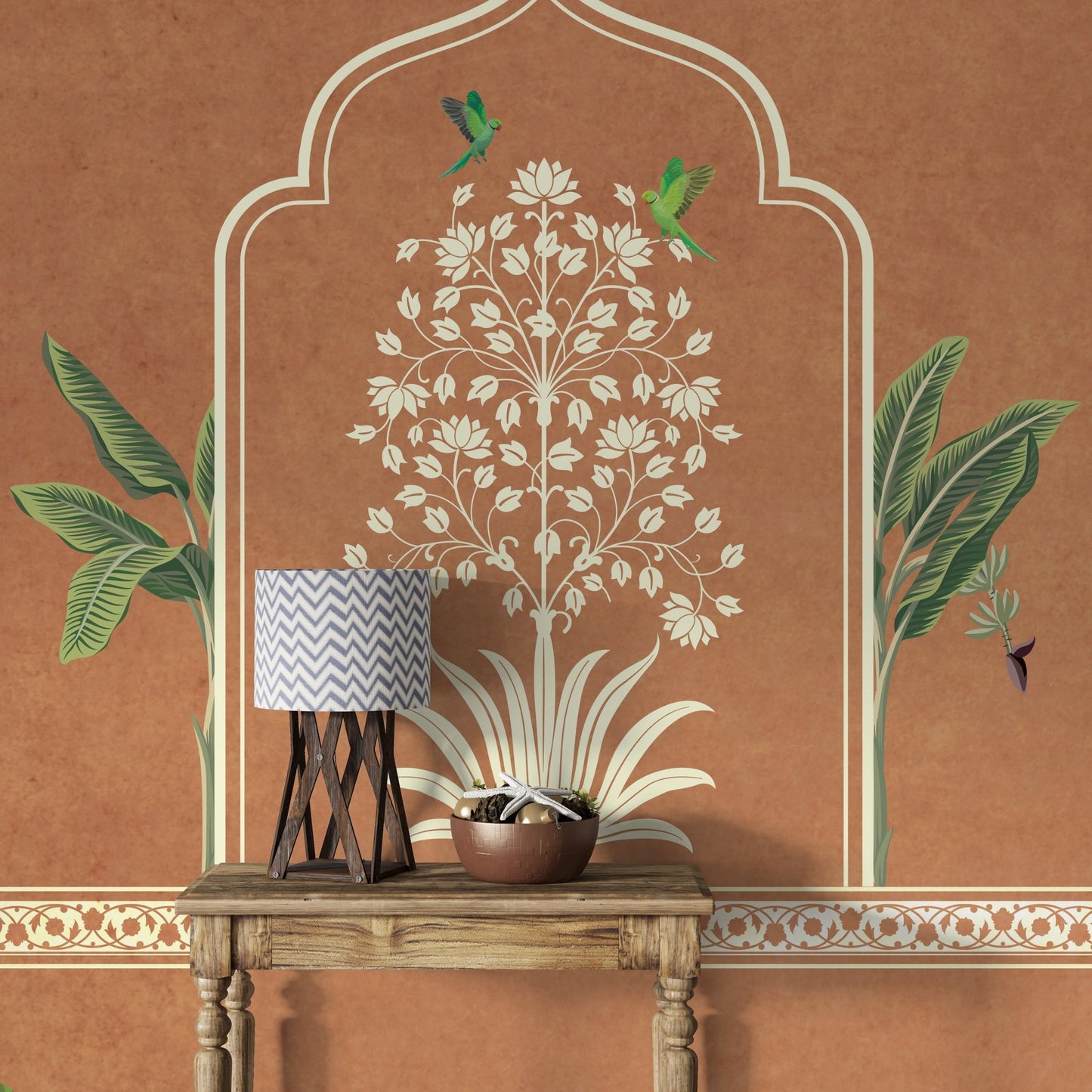 Decorative jharokha wall with banana leaves

