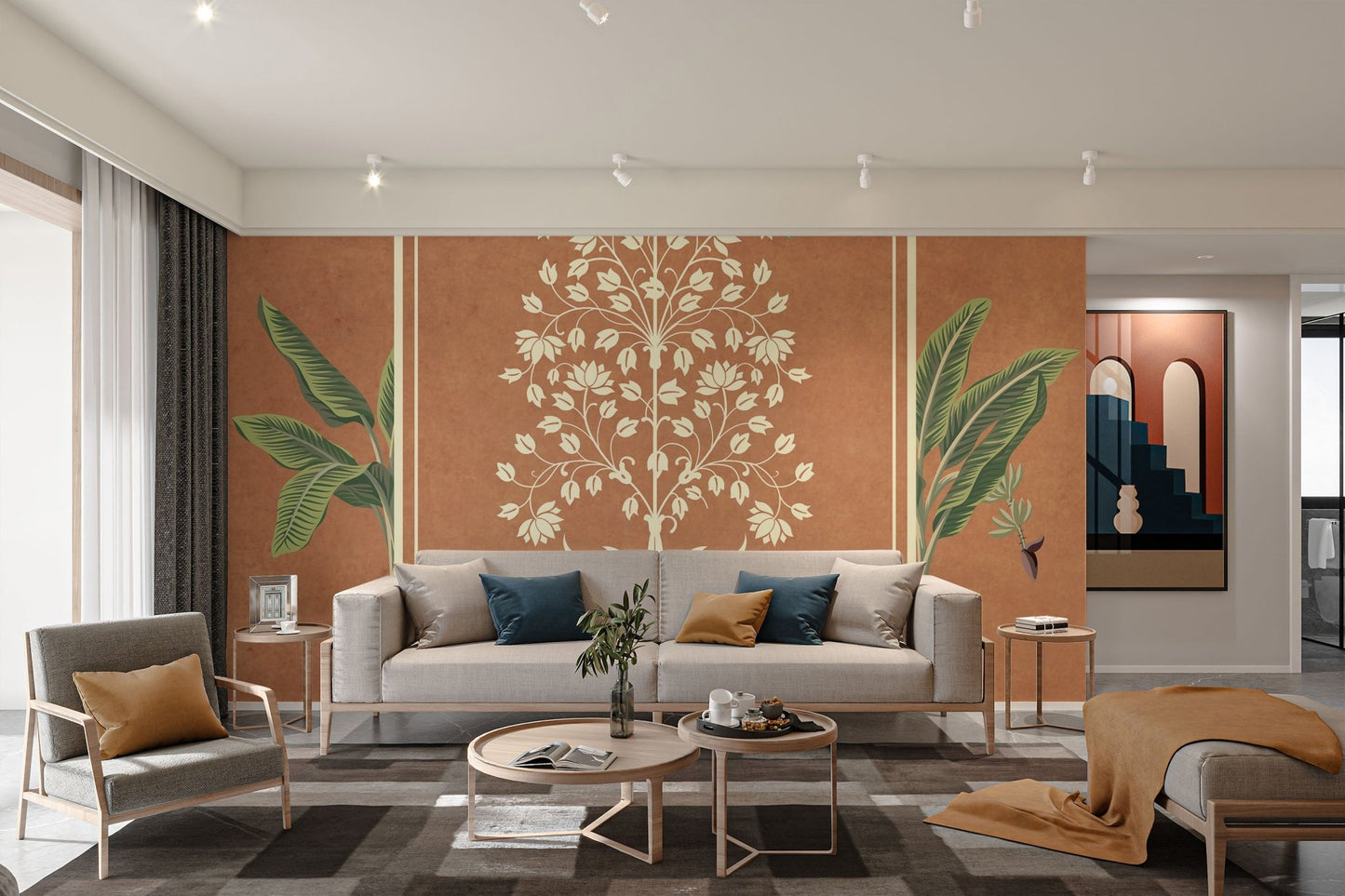 Heritage-style mural with floral tree art

