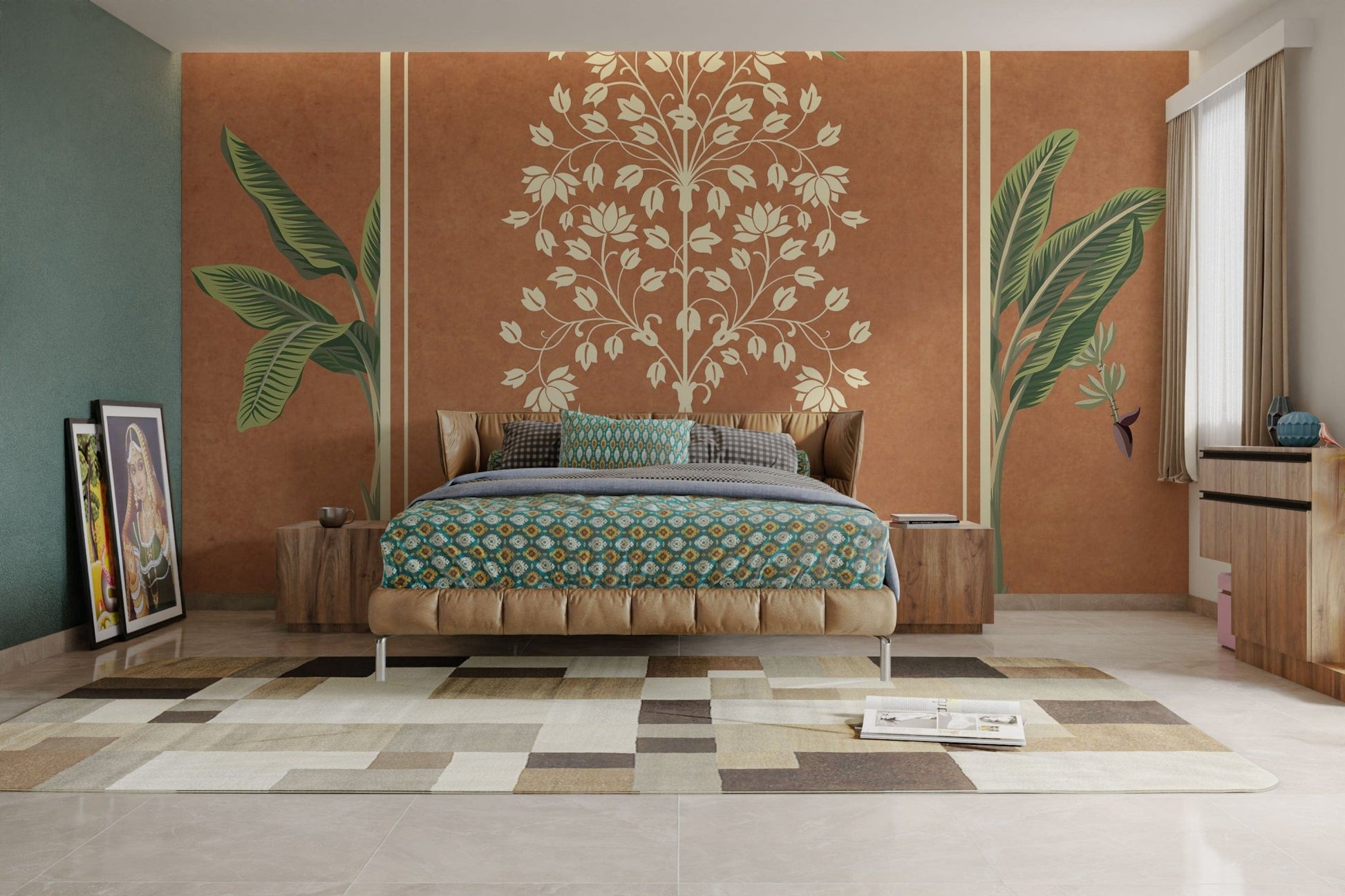 Parrots sitting on jharokha floral pattern

