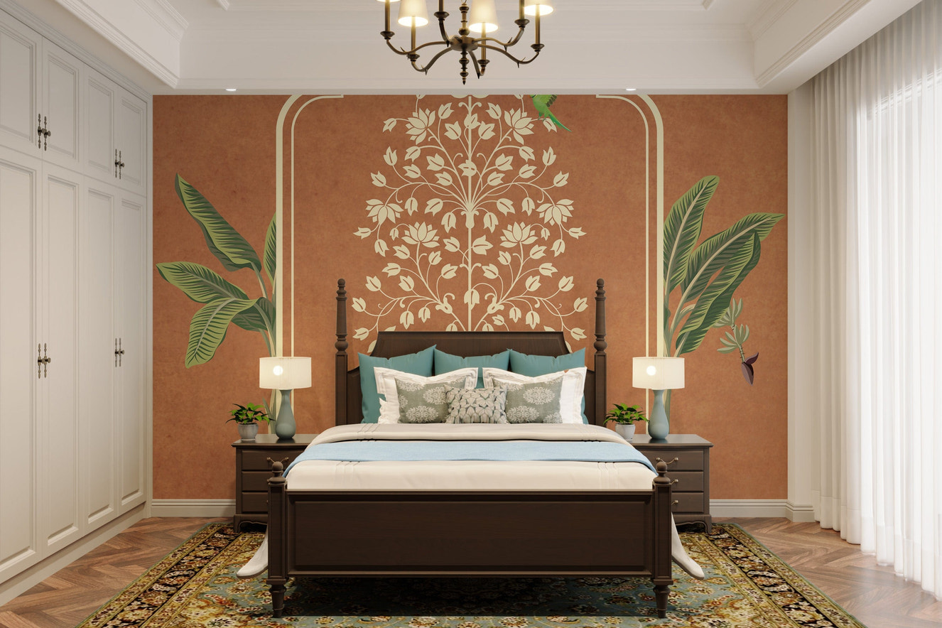 Jharokha floral artwork on terracotta wall

