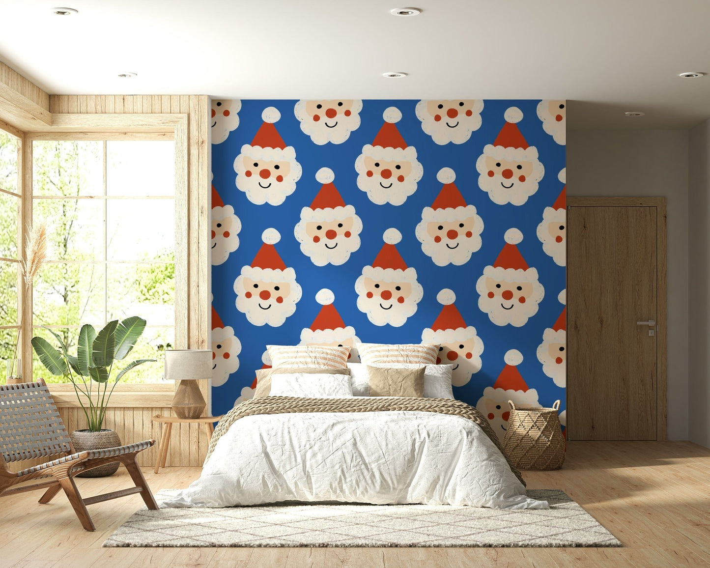 Jolly Holiday pattern featuring festive, smiling Santa heads wallpaper.