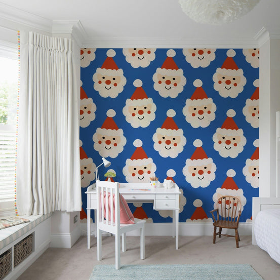 Cute Santa Claus pattern on vibrant blue wallpaper for walls., GD6557