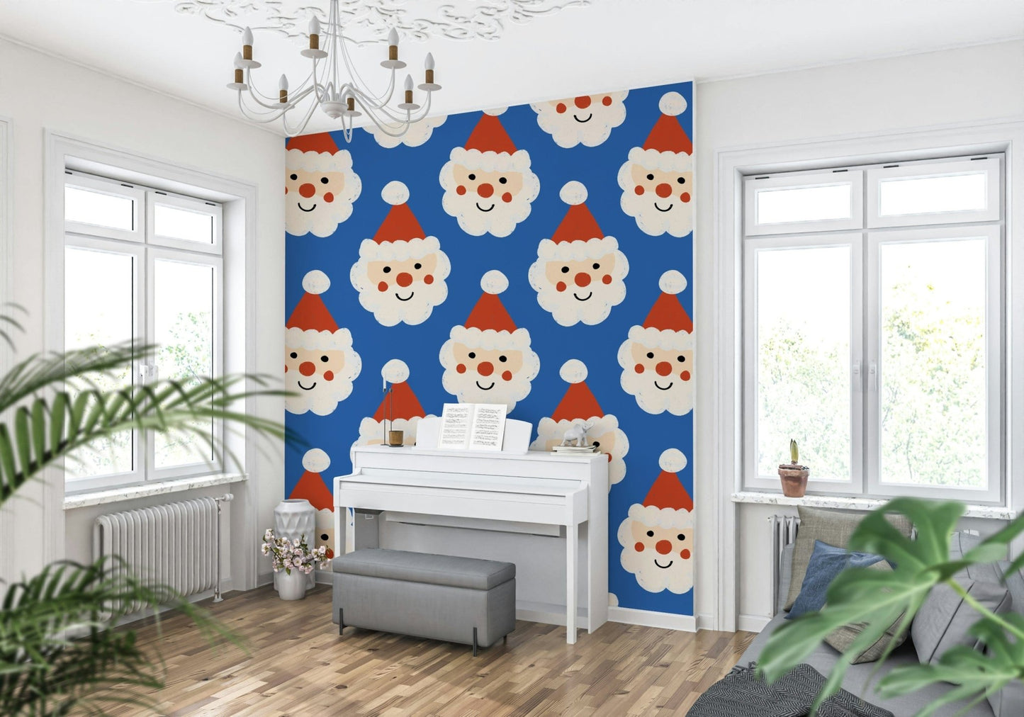 Cartoon Santa heads on a vibrant wallpaper mural background.