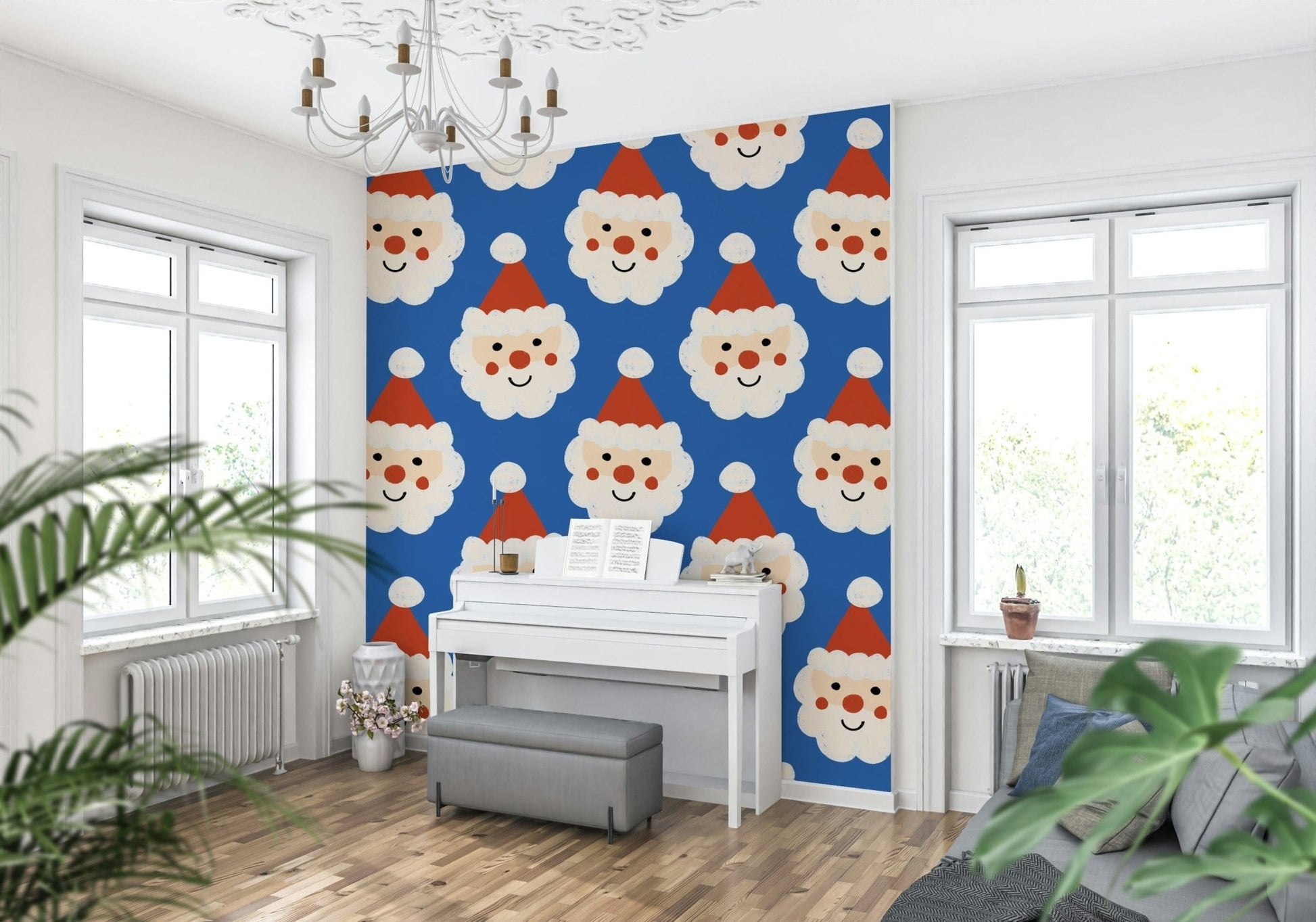 Cartoon Santa heads on a vibrant wallpaper mural background.