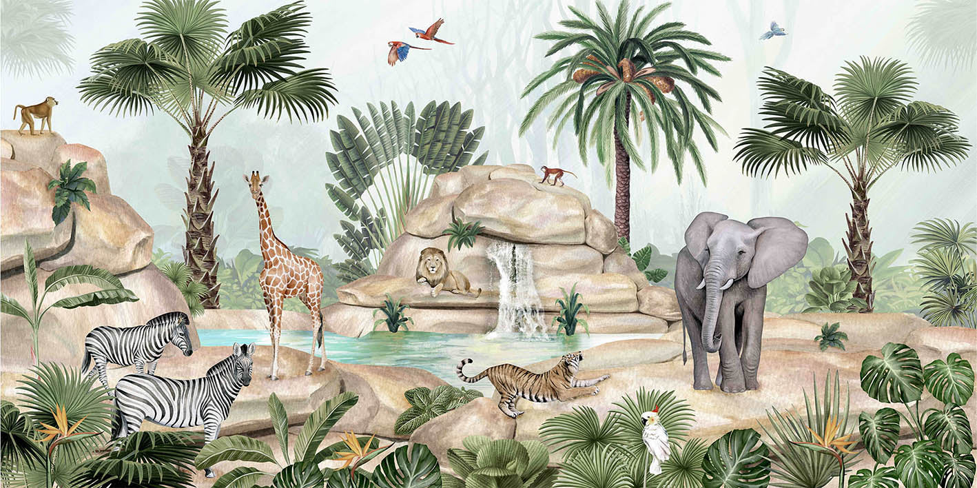 Watercolor Animals Near Water Pond Wallpaper