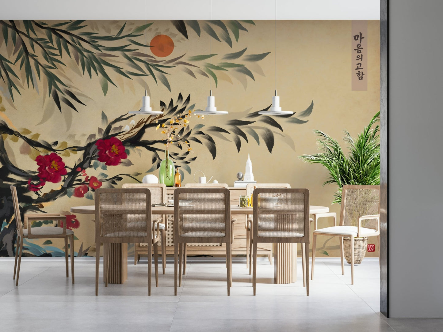 Dining area accent wall showcasing the historic art of the Joseon era style Tranquil mind Wall Mural.