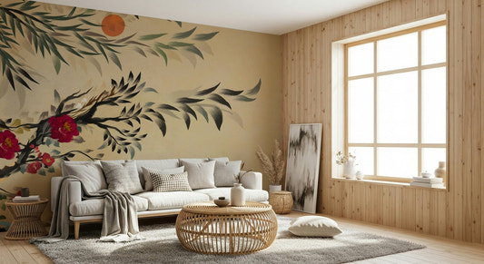 Modern living room featuring the serene Joseon era style Tranquil mind Wall Mural.