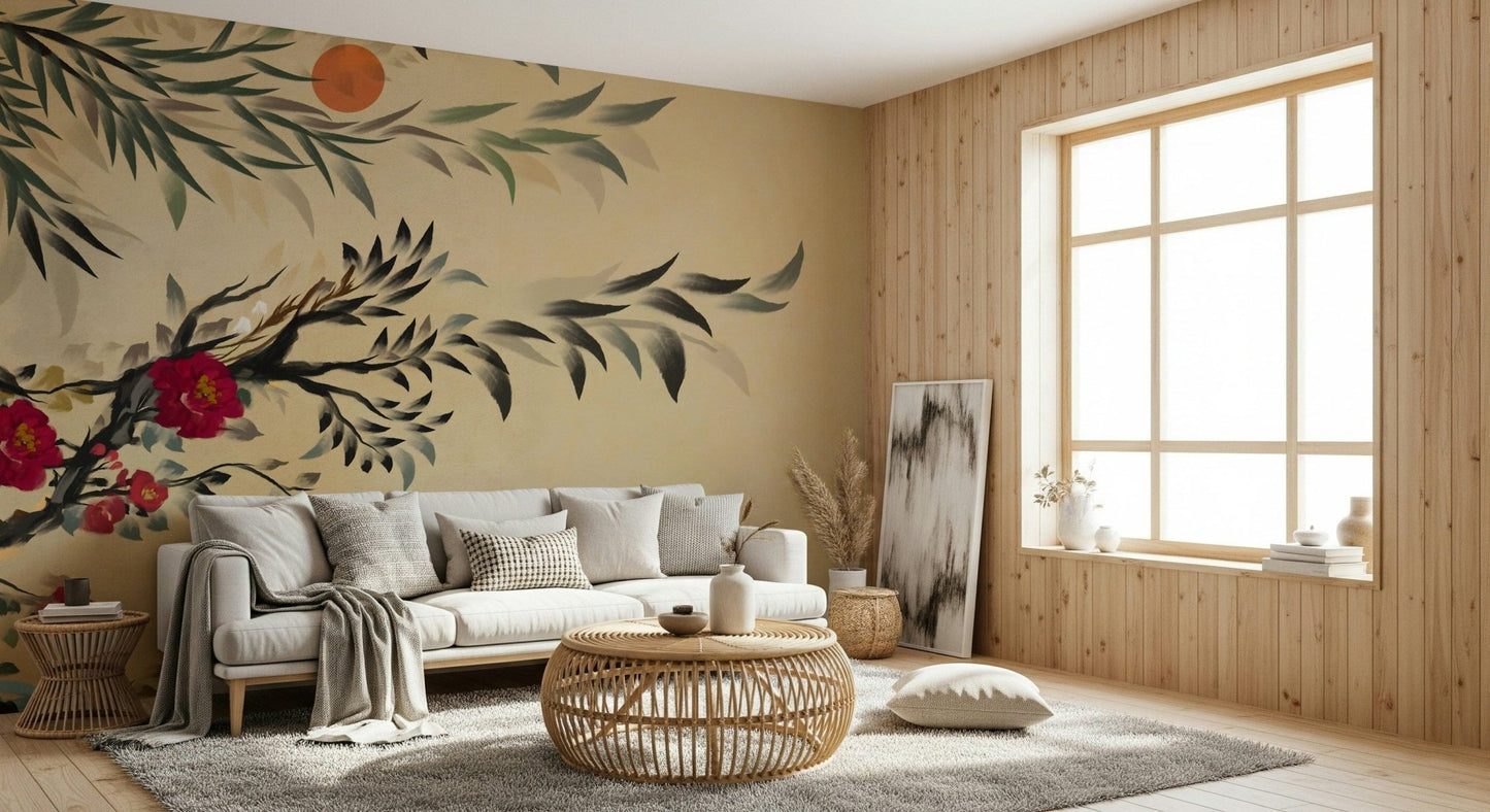 Modern living room featuring the serene Joseon era style Tranquil mind Wall Mural.