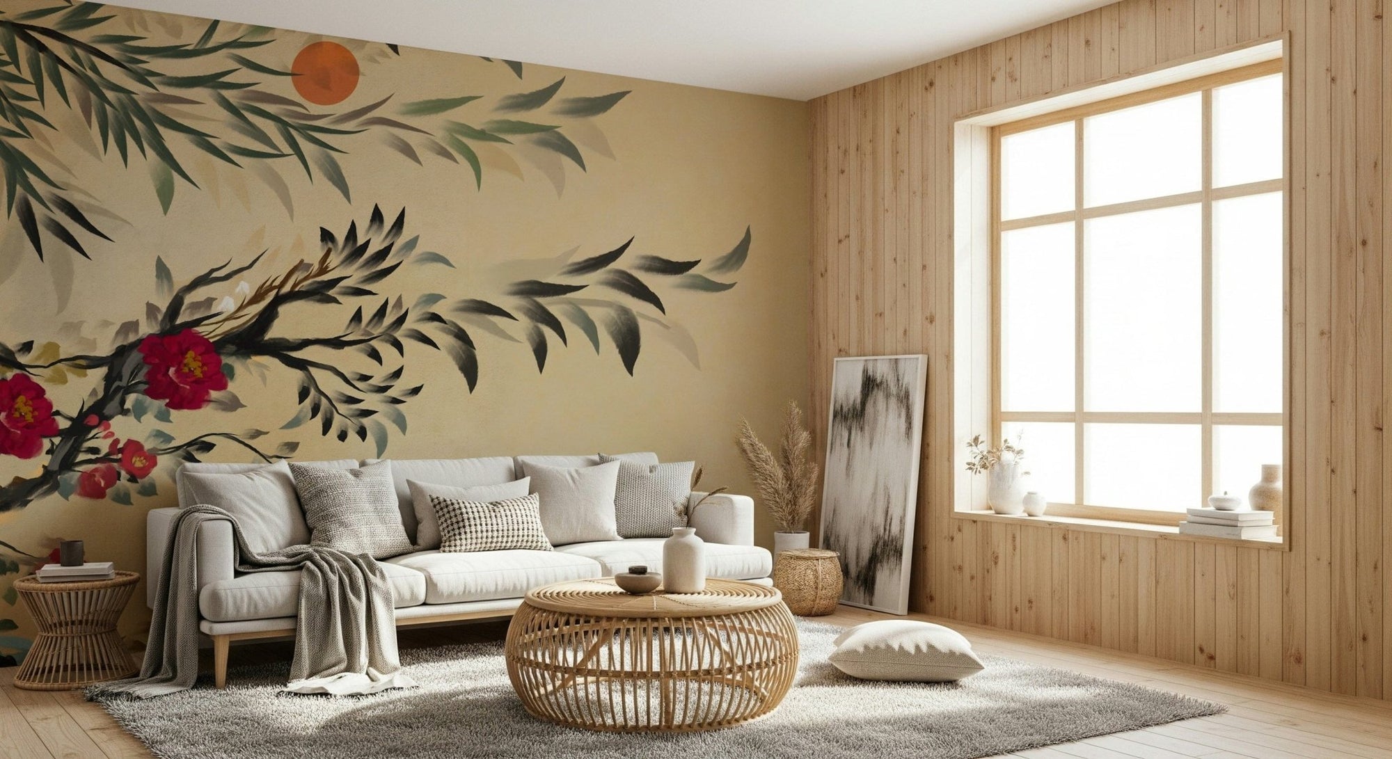Modern living room featuring the serene Joseon era style Tranquil mind Wall Mural., GD6256