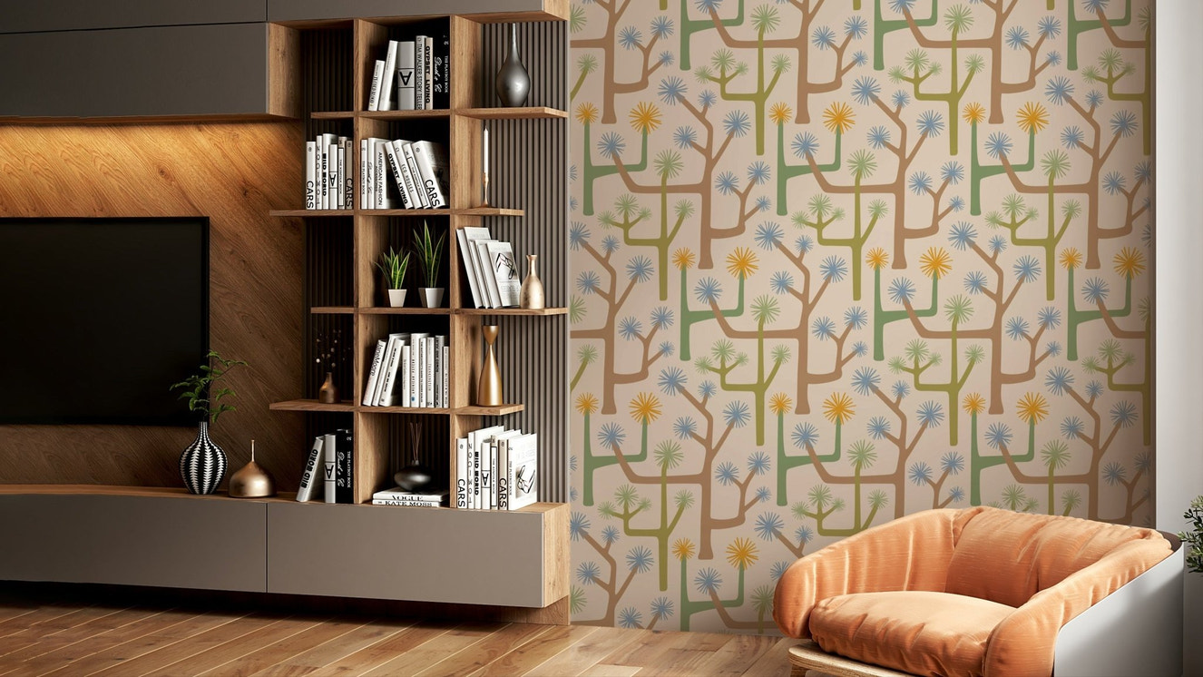 Stylized Joshua trees and desert cacti.

