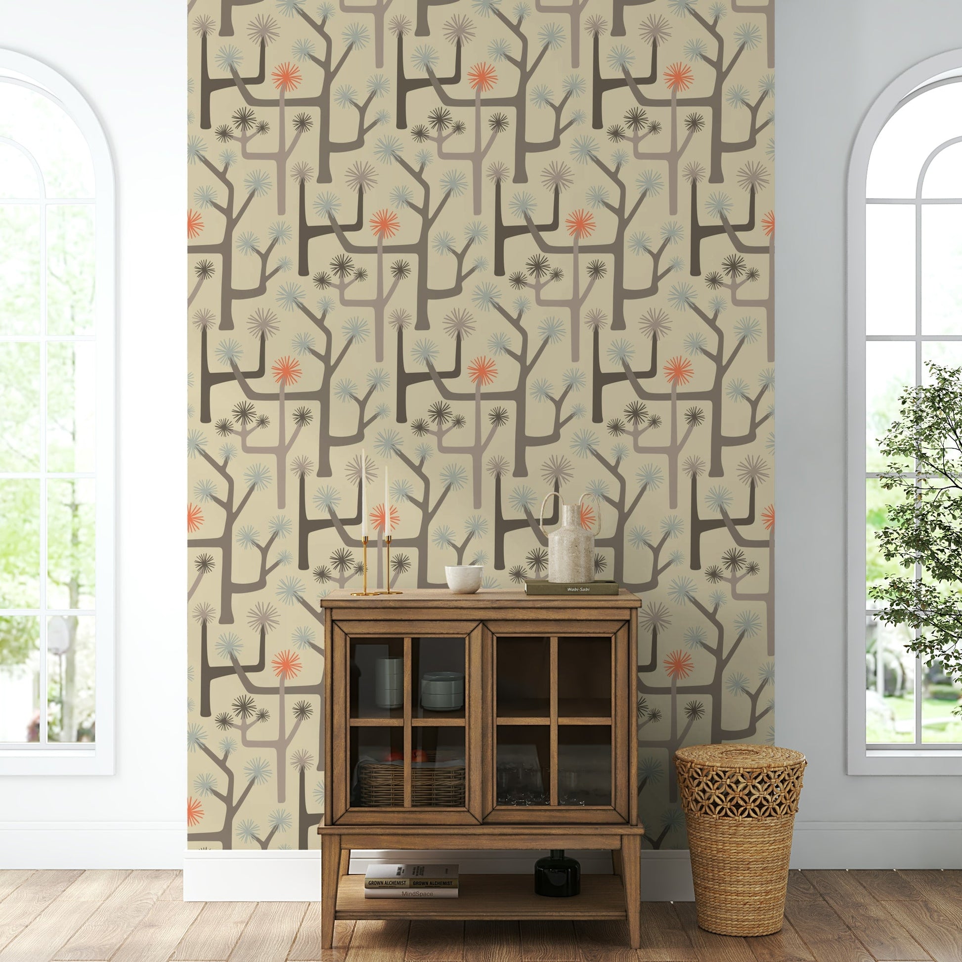 Stylized Joshua trees and desert cacti.

