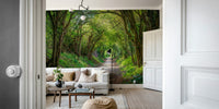 A tranquil woods scene mural on decorative wallpaper.

