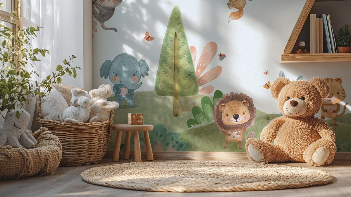 Jubilant jungle critters wallpaper with lively mural details. B877
