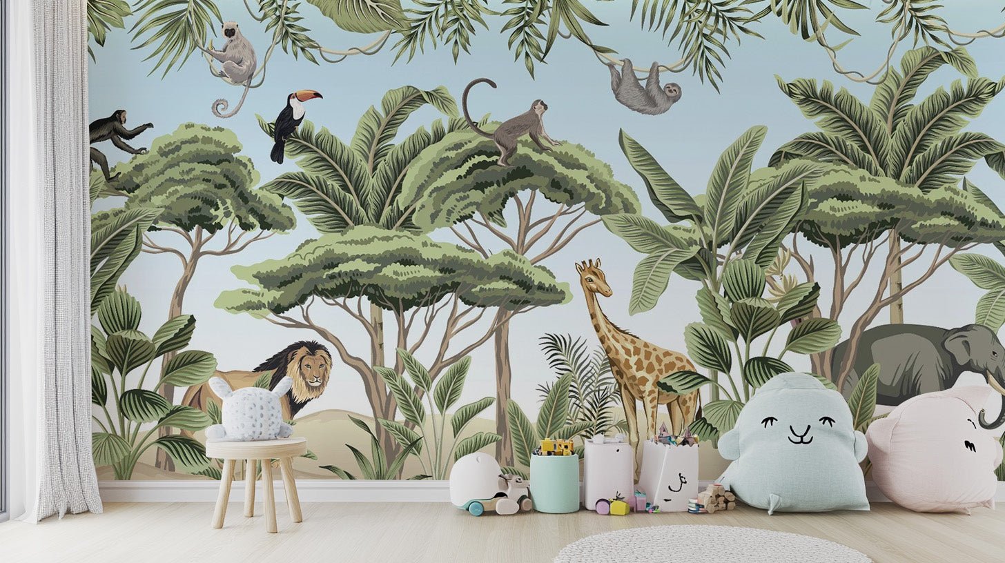 Jungle adventure mural with playful animals and lush greenery. tropical-24