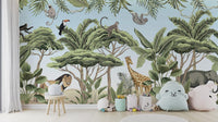 Jungle adventure mural with playful animals and lush greenery. tropical-24