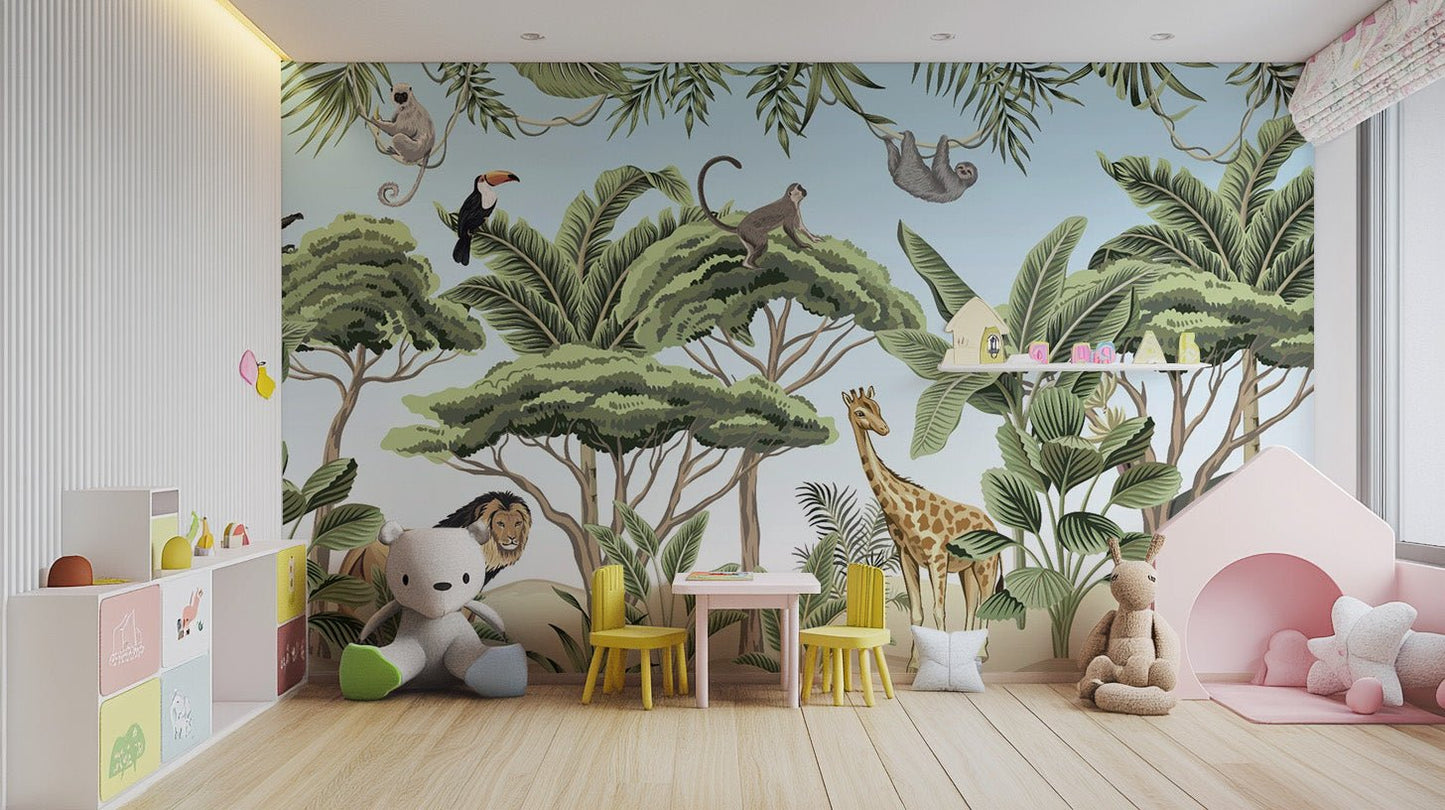 Vibrant jungle animals wallpaper featuring adventurous scenes. tropical-24