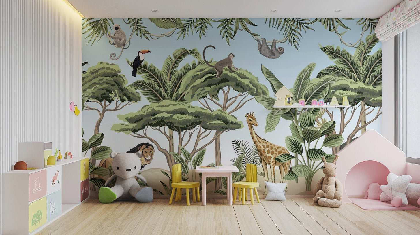 Vibrant jungle animals wallpaper featuring adventurous scenes. tropical-24