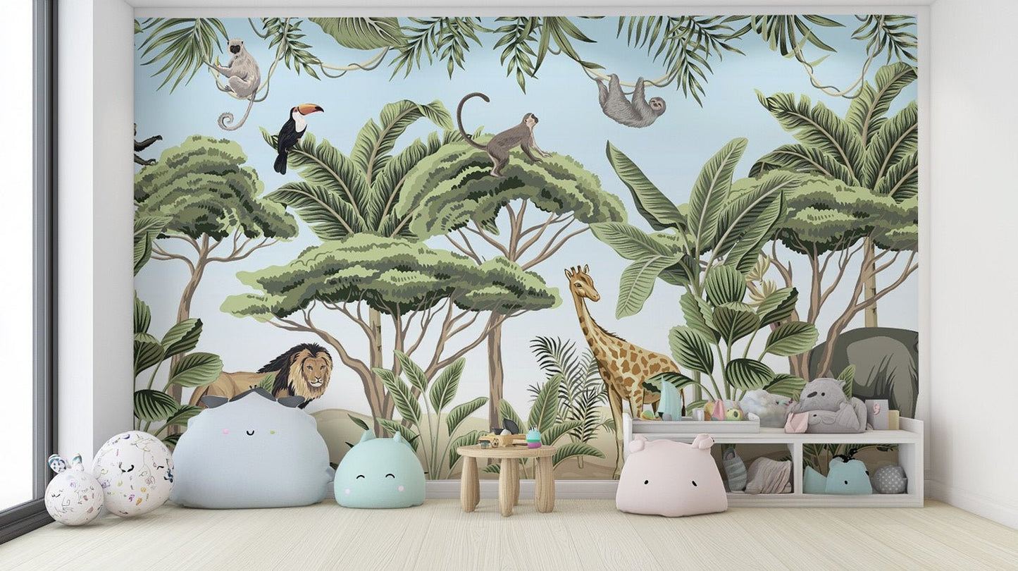 Bold jungle wallpaper featuring exotic animals on an adventure. tropical-24