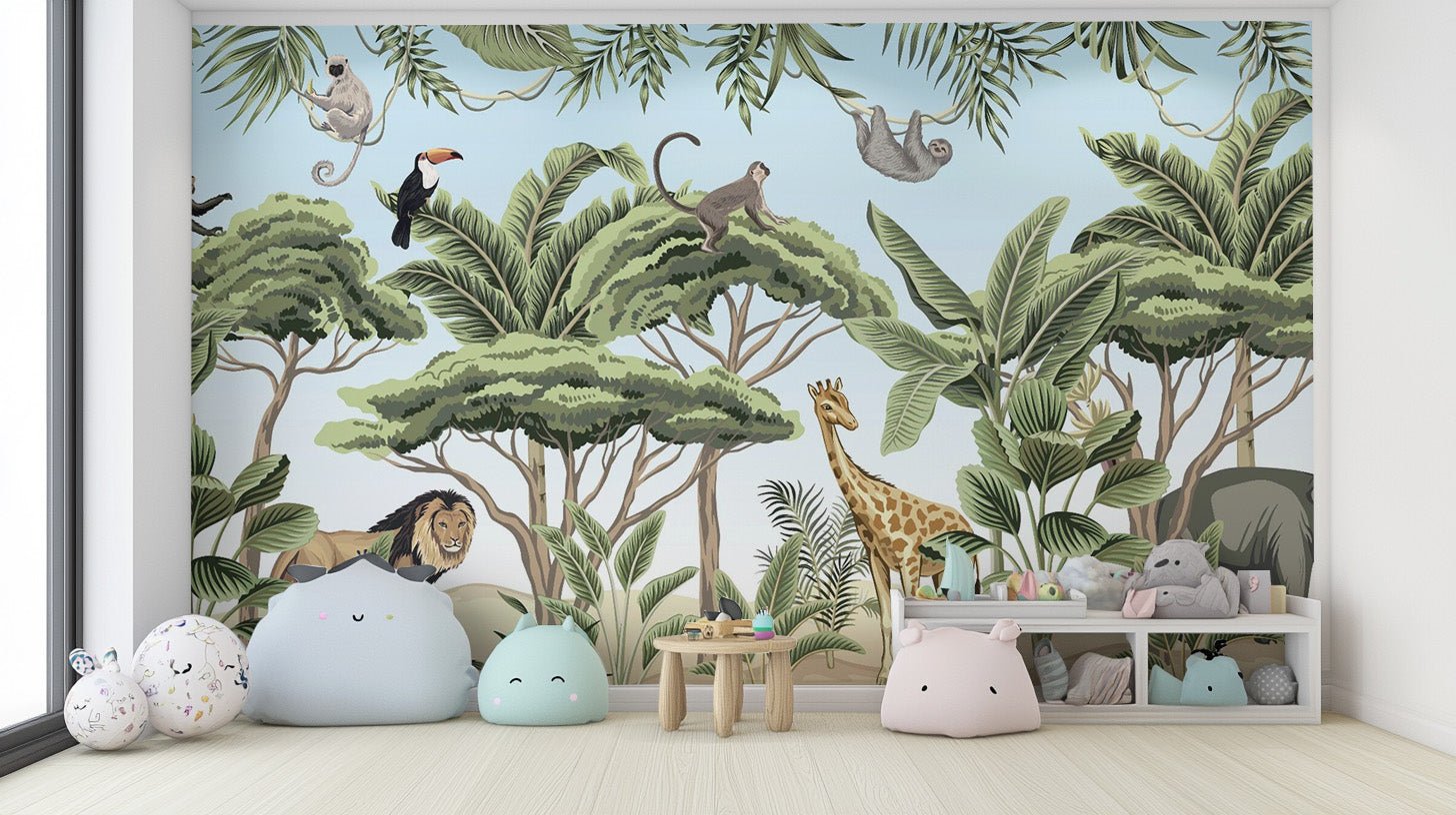 Bold jungle wallpaper featuring exotic animals on an adventure. tropical-24