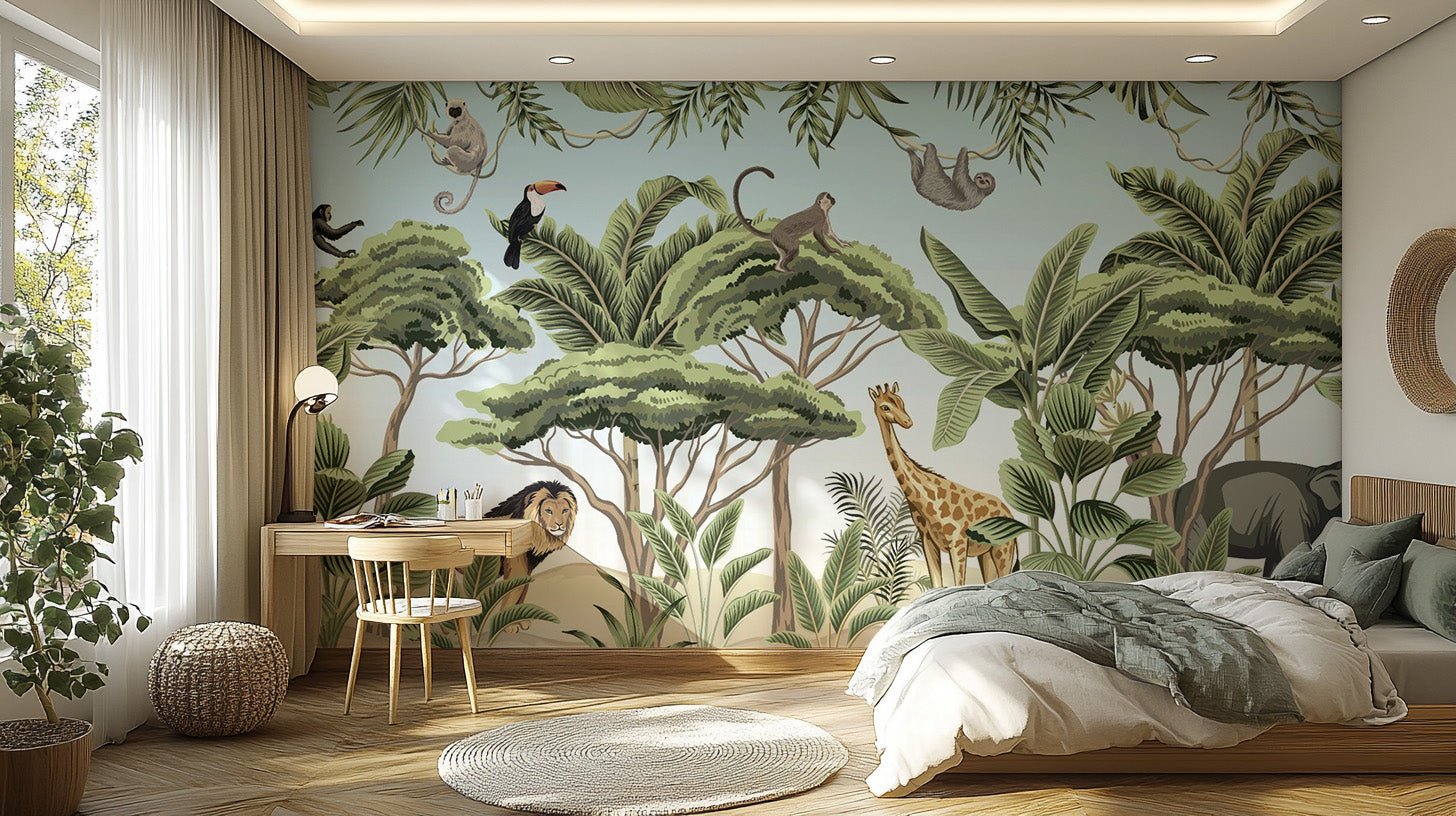 Exciting jungle adventure wallpaper mural with wild animals. tropical-24