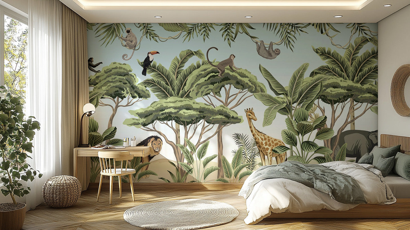 Exciting jungle adventure wallpaper mural with wild animals.
